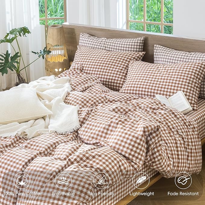 MooMee Gingham Duvet Cover Set 100% Washed Cotton Linen Like Textured Breathable Durable Soft Comfy Modern Checkered Design (Dark Orange Gingham, Cal King 104"x98")