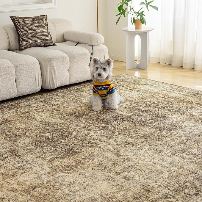 FMFUNCTEX 6x9 Washable Area Rug Brown Vintage Neutral Distressed Large Non Slip Carpet for Living Room Bedroom Soft Low Pile Indoor Mat Retro Floral Throw Rug for Dining Room Kitchen Office Nursery