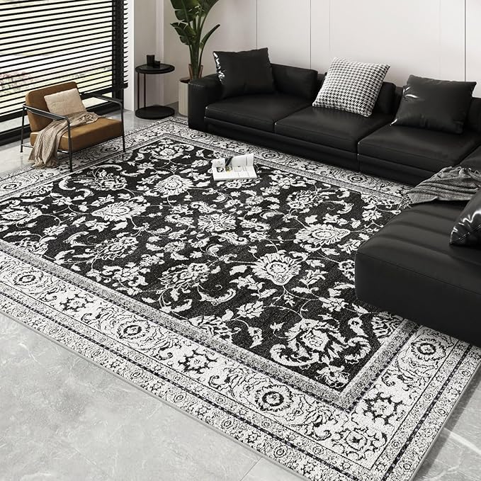 Area Rugs 8x10, Machine Washable Vintage Soft Rug for Living Room Large Rug Indoor Floor Non Slip Carpet for Bedroom Under Dining Table Home Office | Black White