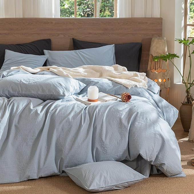 MooMee Wavy Striped Duvet Cover Set 100% Washed Cotton Linen Like Textured Breathable Durable Soft Comfy (Cornflower Blue, Palatial King/Oversized King 120"x98")