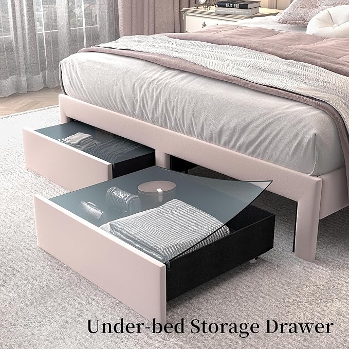 Queen LED Bed Frame with Storage Drawers, Velvet Upholstered Platform Beds with Galaxy Star Projector Charging Station Speaker, Aurora Bedframe with 2-Tier Storage Headboard, Noise-Free, Pink