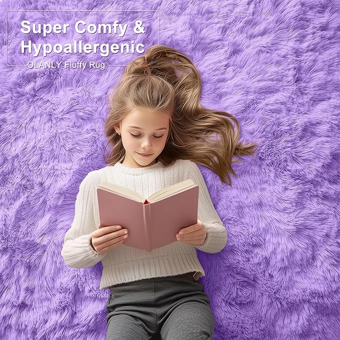 OLANLY 6x9 Machine Washable Large Area Rugs for Living Room, Bedroom, Soft Fluffy Shaggy Bedside Rug, Indoor Floor Carpet for Kids Girls and Boys, Dorms, Nursery, Home Decor Aesthetic, Purple