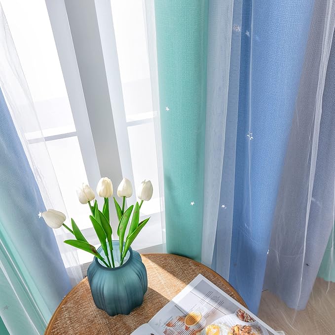 XiDi Dream Star Blackout Curtains for Kids Rooms Girl Princess Curtain for Daughter Bedroom Window (Blue Green Grey, W34 X L84)