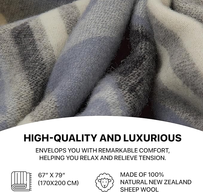 | Wool Blanket/Throw | 100% New Zealand Wool | Perfect for Home and Outdoors | Virgin Wool Throw with Fringes 67"x79" (170 x 200 cm)