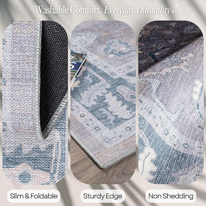 Fame Rugs Gray Modern Oushak Rug 2'6"x10, Vintage Turkish Colorful Oriental Antique Inspired Foldable Long Washable Runner Rugs, Luxury Living Room Bedroom (389GBB, 2'6" x 10')