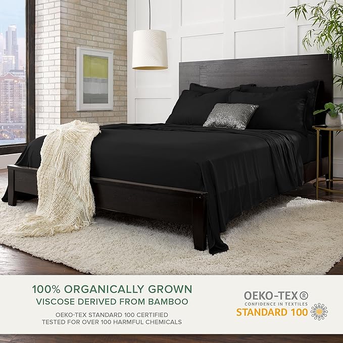 Pure Bamboo Split King Sheets, Genuine 100% Organic Viscose Derived from Bamboo Bed Sheet Set, Soft & Cooling, Double Stitching, 2 Fitted Sheets (Split King, Black)