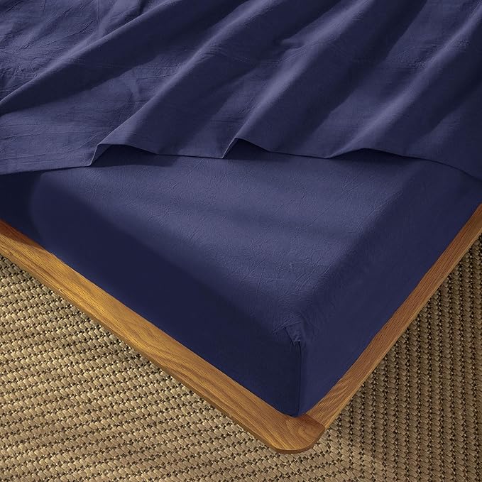 MooMee Fitted Bottom Sheet Only 100% Washed Cotton Linen Like Textured Breathable Durable Soft Comfy Deep Pocket Fits Mattress up to 17" (Dark Blue, Twin)