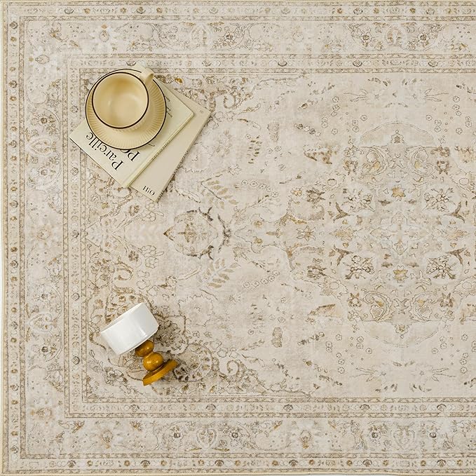 Brown 5x7 Area Rug Washable Vintage Carpet for Living Room Office Soft Retro Floral Low Pile Thin Indoor Rug Non Slip Central Medallion Floor Cover for Bedroom Dining Room