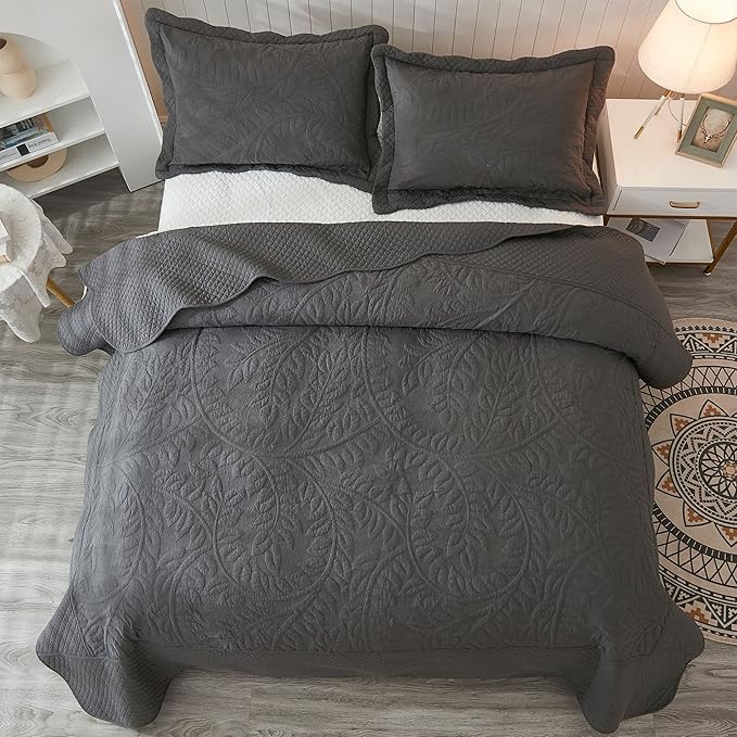 MarCielo 3-Piece 100% Cotton Oversized Bedspread Lightweight Quilt Coverlet Embroidery Farmhouse Bedding Set T0 (Dark Grey, Oversized Queen (100"x106"))