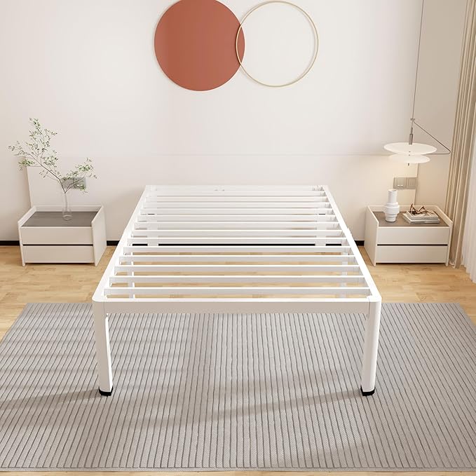 ROIL 14 Inch White Twin XL Bed Frame with Rounded Corner and Headboard Hole Mattress Retainers, 3500LBS Heavy Duty Steel Slats No Box Spring Needed Platform Noise-Free Easy Assembly