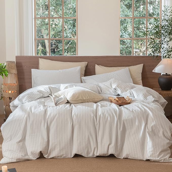 MooMee Striped Duvet Cover Set 100% Washed Cotton Linen Like Textured Breathable Durable Soft Comfy (White Cornflower Blue Wide Stripes, Palatial King/Oversized King 120"x98")