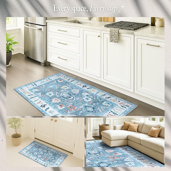 Fame Rugs Teal Modern Oushak Rug 2x3, Vintage Doormat Turkish Colorful Oriental Antique Inspired Washable Small Area Rug, Luxury Living Room Bedroom (995T, 2' x 3')