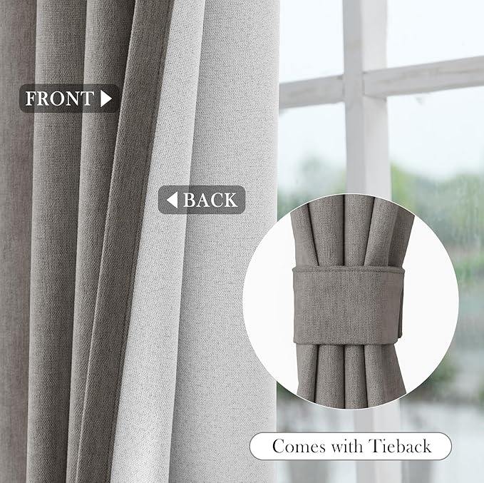 Macochico 52" Wx108 L 100% Blackout Curtains Extra Long Thermal Insulated Chenille Curtains for Living Room Bedroom Auditorium Home Theater Stone Grey Grommet Curtains with Tieback Classic 1 Panel