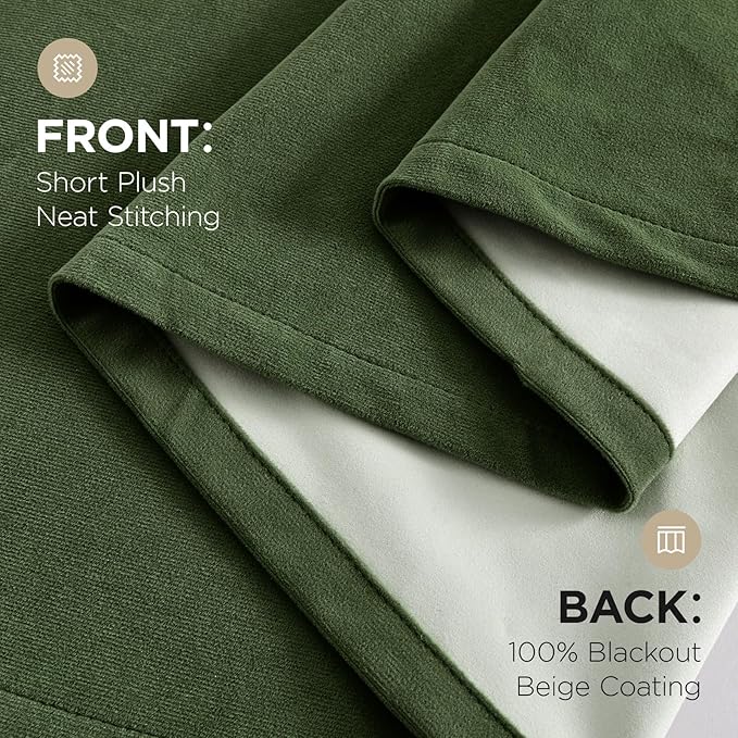 Joydeco Olive Green 100% Blackout Curtains 102 Inch 2 Panels, Luxury Thermal Green Velvet Curtains for Bedroom Living Room, Soundproof Blackout Window Drapes, Rod Pocket & Back Tab (52W x 102L)