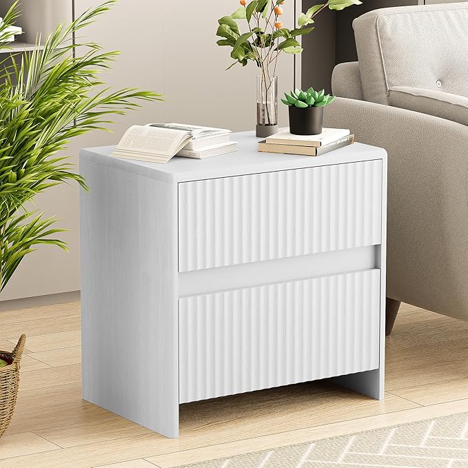 Fluted Nightstand, 23" Wide Bedside Table with 2 Storage Drawers, Modern Night Stand for Bedroom, White