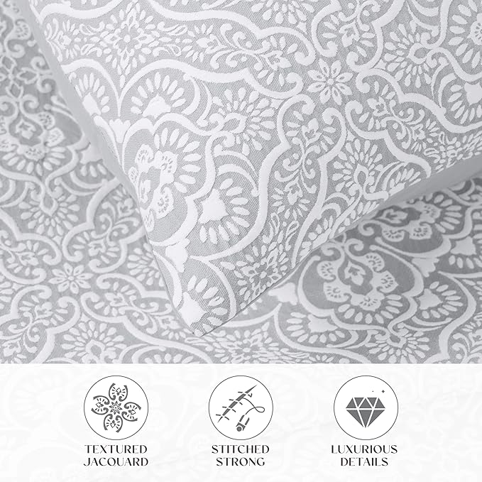 Superior 3 Piece Bedspread Set, Home Bed Decor, Decorative Bed Spread, 2 Pillow Shams, Medium Weight Blanket, Floral Matelasse Coverlet, Bedding Essentials, Enzy Collection, Queen, Silver