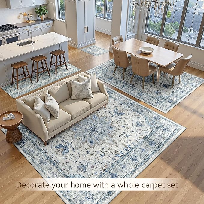 Area Rugs 10'x14' Washable Non-Slip, Floral Vintage Distress Print Pattern Medallion Carpet for Living Room Bedroom Dining Room, Light Blue Navy Beige Gray White
