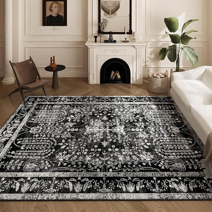 Area Rugs 6x9, Machine Washable Rugs 6x9 Black Large Rug Indoor Floor Non Silp Carpet Distressed Vintage Rug for Bedroom Dining Room Home Office | Black