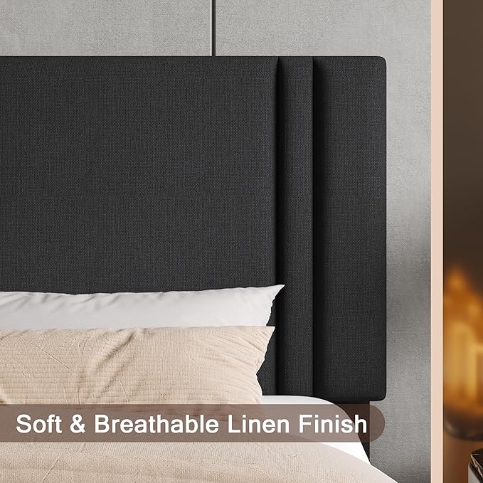 Upholstered Full Size Bed Frame with Linen Fabric Headboard, Strong Wooden Slats Support, Noise Free, No Box Spring Needed, Black
