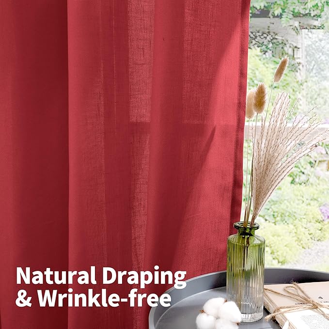 YoungsTex Red Linen Curtains 84 Inches Long for Living Room, Light Filtering Drapes with Grommet Semi Sheer Privacy for Christmas Bedroom Dining Room, 2 Panels, 52 X 84 Inch