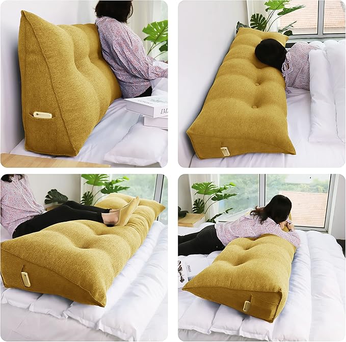 homecozy Wedge Headboard Pillow Dorm Room Reading Pillow Back Support for Sitting Up in Bed Bolster Lumbar Cushion Body Positioning Bedrest Gift for Mom Cotton Linen 59in Yellow Queen