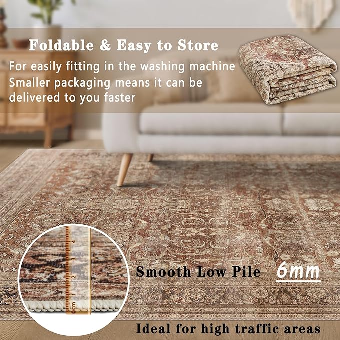 vivorug 5x7 Area Rugs - Ultra-Thin Washable Rug with Non-Slip Backing, Ideal for Living Room, Bedroom, Kitchen Floor Carpet - Vintage, Easy Clean, Durable, Brown
