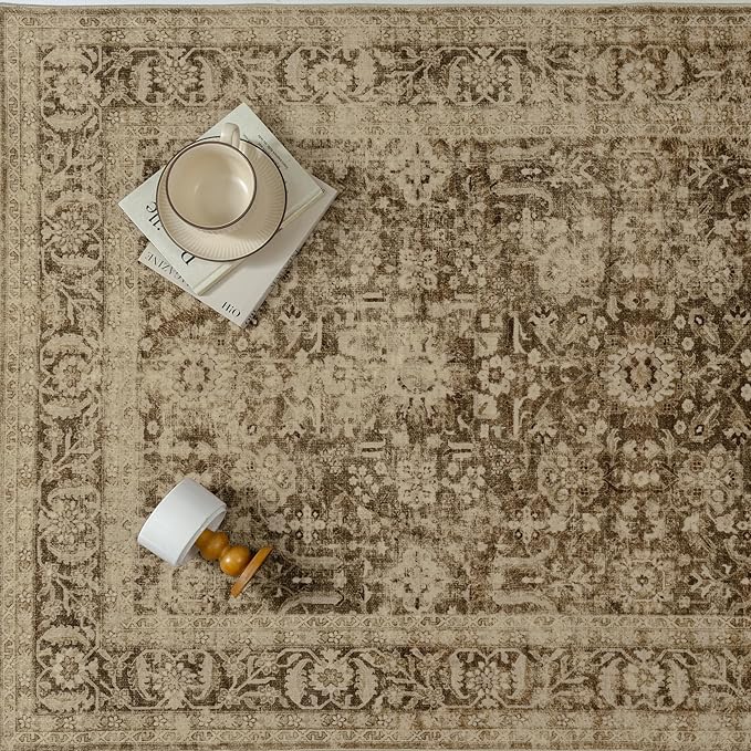 Brown 5x7 Area Rug Non Slip Vintage Living Room Distressed Machine Washable Carpet Retro Indoor Bedroom Floral Traditional Accent Throw Rug for Office Kitchen Dorm Dining Room