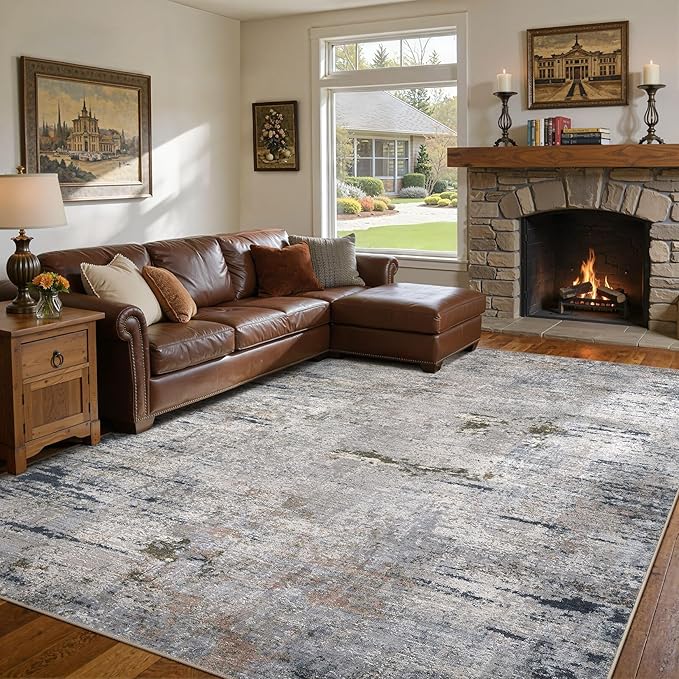 Area Rug Living Room Rugs - 8x10 Washable Large Soft Indoor Neutral Modern Abstract Low Pile Rug Carpet for Bedroom Dining Room Farmhouse Home Office - Blue/Grey/Brown