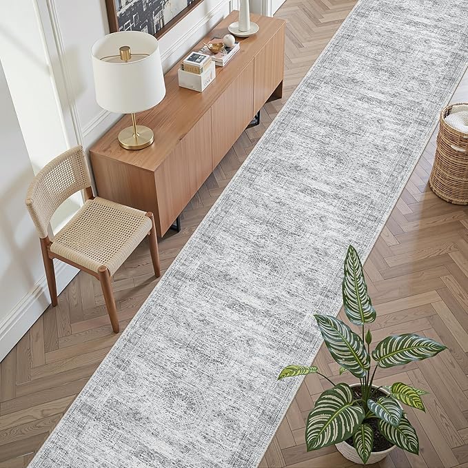 Runner Rug 2'6" x 14' Washable Non-Slip Runner Rugs for Kitchen Bathroom Laundry Room Vintage Ultra Thin Runners for Hallway Entryway Grey