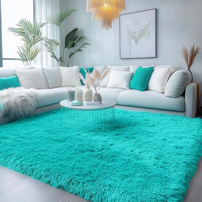 PAGISOFE Teal Rug Fluffy Shag Area Rugs for Bedroom Boys 5x7 Soft Fuzzy Shaggy Rugs for Living Room Nursery Carpet Indoor Floor Dorm Boys Girls Dorm Plush Kids Rug for Room Decor Aesthetic