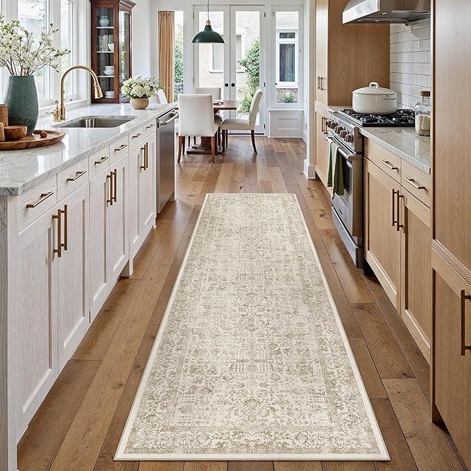 Light Brown Runner Rug 3x10 Hallway Machine Washable Kitchen Vintage Distressed Non Slip Long Carpet Indoor Retro Floral Bedroom Accent Throw Rug for Bathroom Office Laundry Dining Room