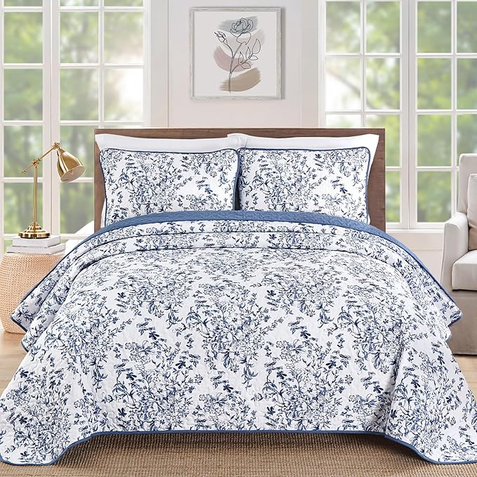 WONGS BEDDING Quilt Full Size, Blue Quilt Bedding Set with 2 Pillowcases, Botanical Quilt for Full Bed, Soft Microfiber Lightweight Coverlet Bedspread for All Season (78"×90", 3 Pieces)