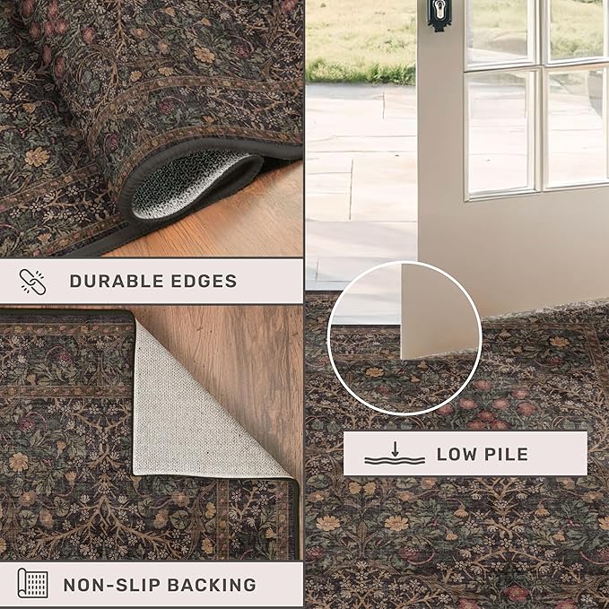 Dark Brown 2'6" x 8' Runner Rug for Hallways Non Slip, Extra Long Floor Runner for Kitchen, Entryway Indoor, Washable Rubber Backing Stain Resistant - Vintage Dark Green Botanical Floral Décor