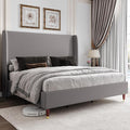 Jocisland Queen Upholstered Platform Bed Frame with 51.2" Tall Wingback Headboard–Solid Wood Legs, No Box Spring Needed, Light Grey Linen–Modern Style for Any Bedroom