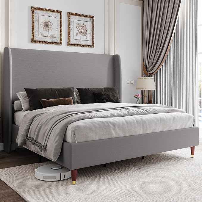 Jocisland Full Upholstered Platform Bed Frame with 51.2" Tall Wingback Headboard–Solid Wood Legs, No Box Spring Needed, Light Grey Linen–Modern Style for Any Bedroom