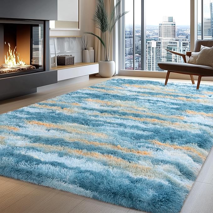Blue Rugs for Bedroom, 4x6 Fluffy Fuzzy Modern Indoor Floor Rugs for Living Room, Soft Non-Slip Plush Shag Rug for Dorm Kids Room Home Decor, Blue Abstract