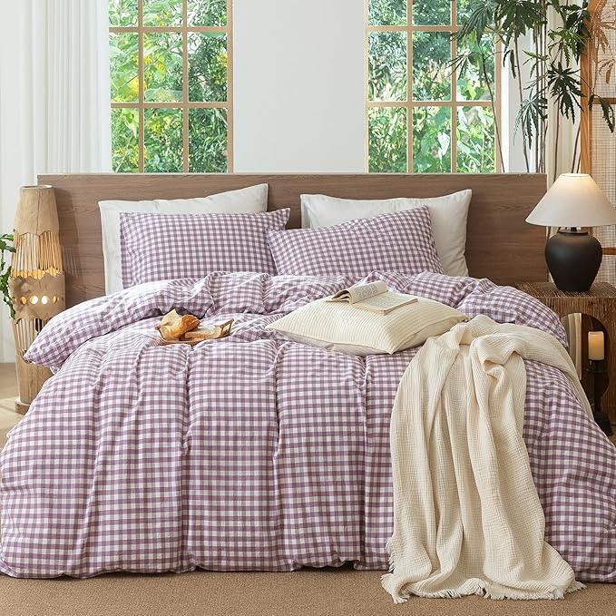 MooMee Gingham Duvet Cover Set 100% Washed Cotton Linen Like Textured Breathable Durable Soft Comfy Modern Checkered Design (Classic Gingham Light Purple, Oversized Full 82"x86")