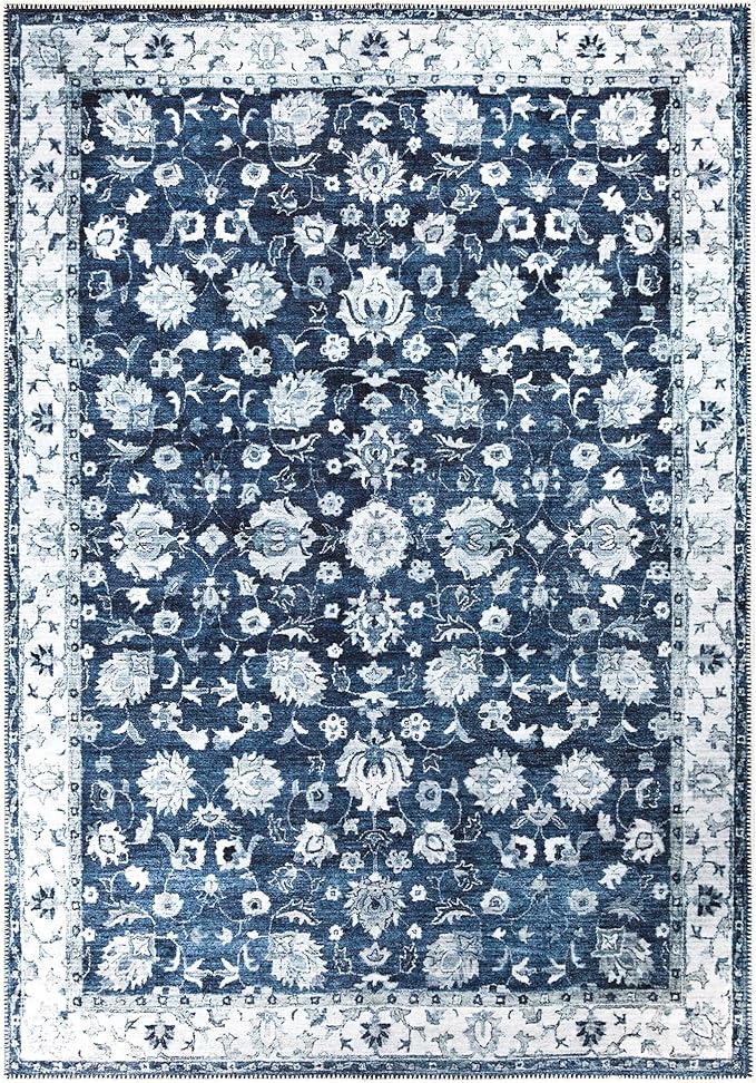 Bloom Rugs Washable Non-Slip 9' x 12' Rug - Dark Blue Traditional Bordered Area Rug for Living Room, Bedroom, Dining Room, and Kitchen - Exact Size: 9' x 12'