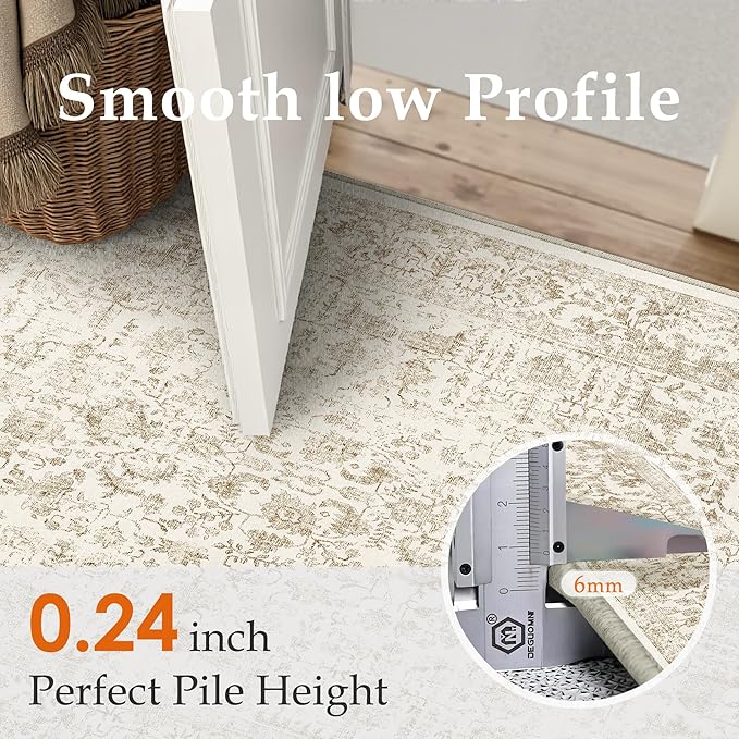 Light Brown Area Rug 4x6 Office Entryway Rug Machine Washable Kitchen Vintage Distressed Non Slip Carpet Indoor Retro Floral Accent Throw Door Mat for Bathroom Bedroom Dining Living Room