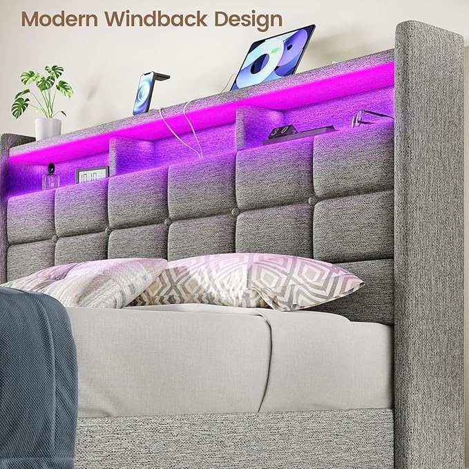 Lift Up Queen Bed Frame with Storage, Upholstered Bed Frame Queen Size with LED Lights Headboard and Charging Station, No Box Spring Needed, Easy Assembly - Light Grey