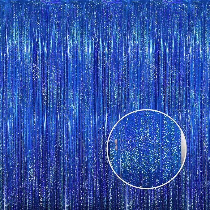 GOER 6.4 ft x 8.2 ft Metallic Tinsel Foil Fringe Curtains Party Photo Backdrop Party Streamers for Birthday,Graduation,New Year Eve Decorations Wedding Decor(2 Packs,Shiny Blue)