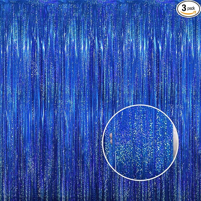 GOER 3.2 ft x 8.2 ft Metallic Tinsel Foil Fringe Curtains Party Photo Backdrop Party Streamers for Birthday,Graduation,New Year Eve Decorations Wedding Decor(3 Packs,Shiny Blue)
