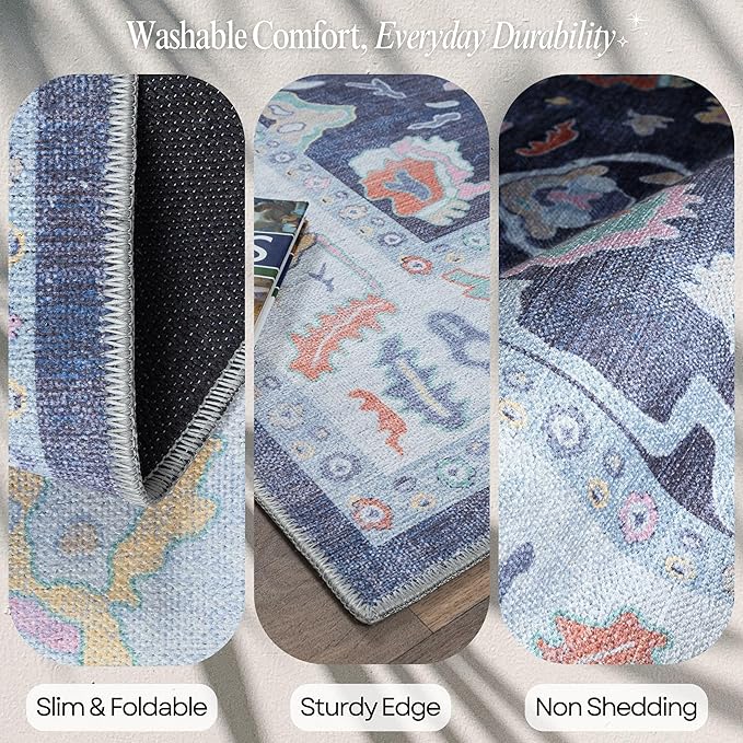 Fame Rugs Navy Blue Modern Oushak Rug 6x9, Vintage Turkish Colorful Oriental Antique Inspired Washable Large Area Rugs, Luxury Living Room Bedroom (388NB, 6' x 9')