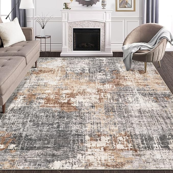 Area Rug Living Room Rugs - 5x7 Washable Large Soft Indoor Neutral Modern Abstract Low Pile Rug Carpet for Bedroom Dining Room Farmhouse Home Office - Grey Brown