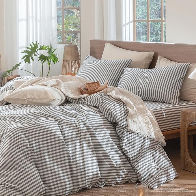 MooMee Striped Duvet Cover Set 100% Washed Cotton Linen Like Textured Breathable Durable Soft Comfy (Dark Grey White Classic Stripes, Palatial King/Oversized King 120"x98")