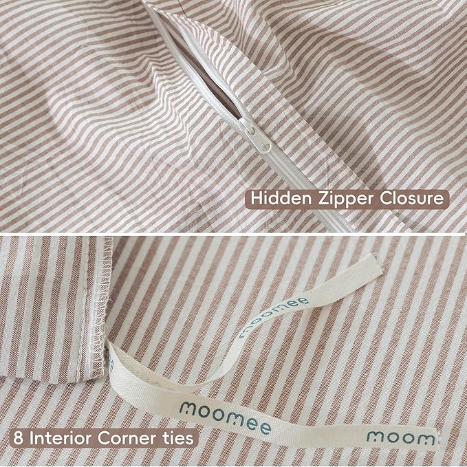 MooMee Striped Duvet Cover Set 100% Washed Cotton Linen Like Textured Breathable Durable Soft Comfy (Orange Pinstripes, Queen 90"x90")