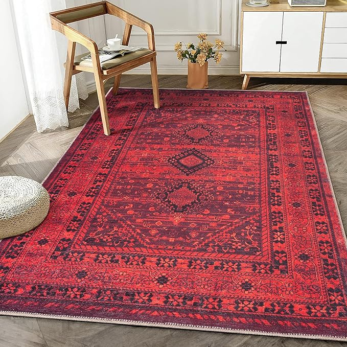 Bloom Rugs Washable Non-Slip 6' x 9' Rug - Red Traditional Bordered Area Rug for Living Room, Bedroom, Dining Room, and Kitchen - Exact Size: 6' x 9'