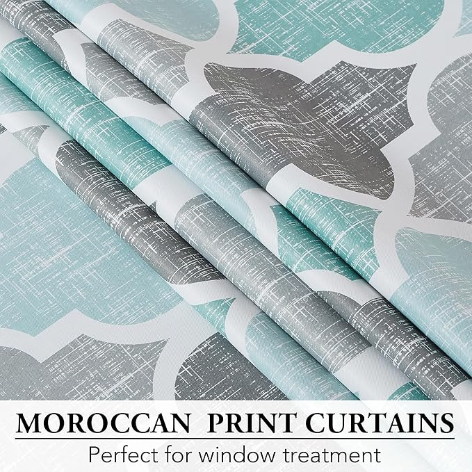 Beauoop 100% Blackout Curtains 63 Inches Long 2 Panels for Bedroom Living Room Aqua Grey Moroccan Geo Room Darkening Thermal Insulated Soundproof Rod Pocket Back Tab Window Treatments Drapes, 50x63
