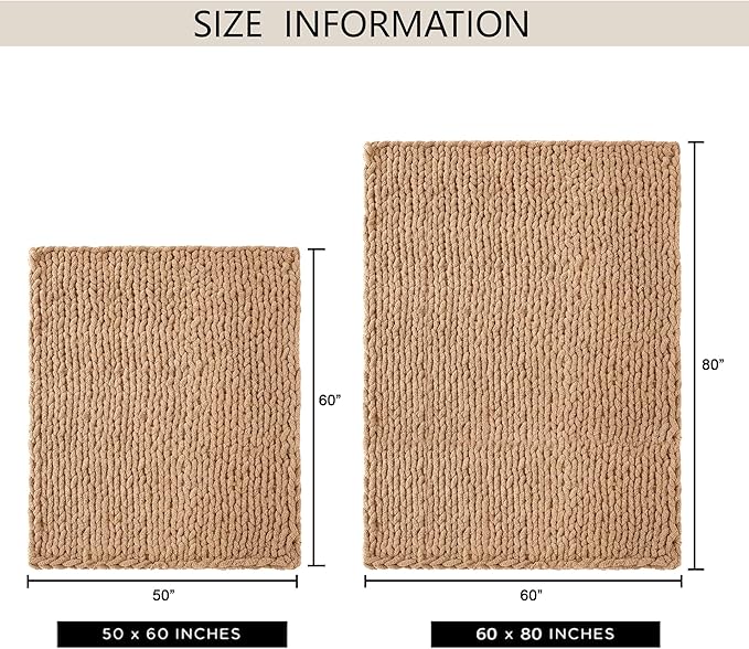 Chunky Knit Throw Blanket 60"X 80", 100% Handmade with Soft Chenille Yarn, 6.7lbs Thick Cable Knitted Blankets, Large Rope Knot Crochet Throws for Couch Sofa Bed Home Decor, Tan Brown