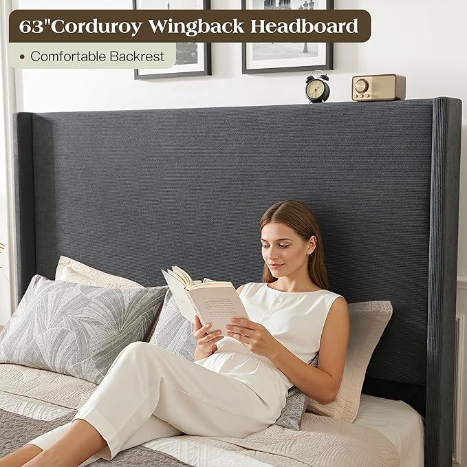 Queen Bed Frame with 63" Tall Headboard, Horizontal Fine Corduroy Bed Frame with Wingback, Upholstered Platform Bed, Vintage Solid Wood Gourd Legs, No Box Spring Needed, Black